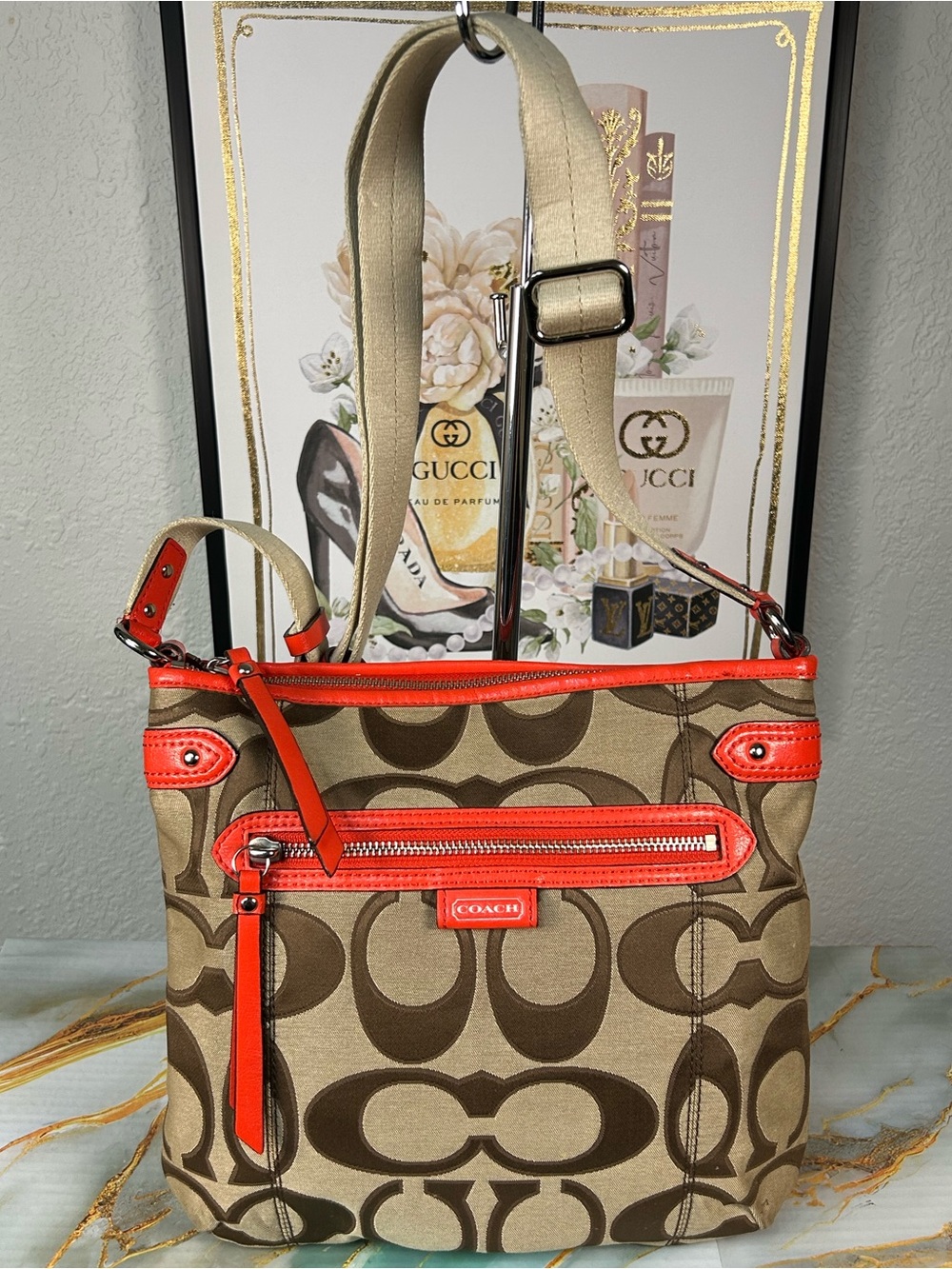 COACH 2013 Daisy Signature File Crossbody Bag in Khaki & Coral 😍🧡 - Picture 12 of 17